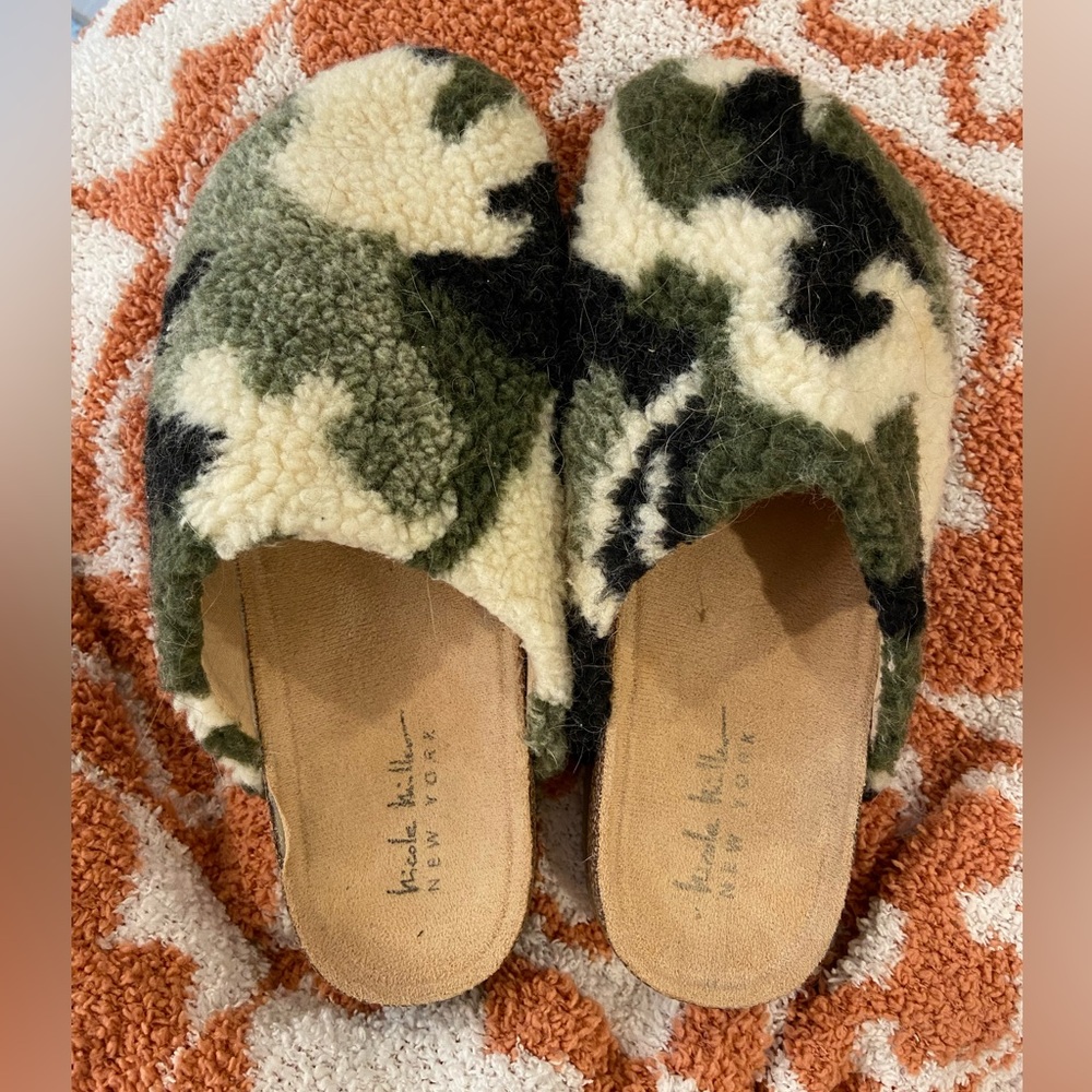 Nicole Miller Camo Sherpa Slip-On Mules in Green, Cream & Black